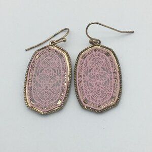 Pink Delicate Filigree Hexagonal Gold Tone Edge Drop Earrings Fish Hook Backs